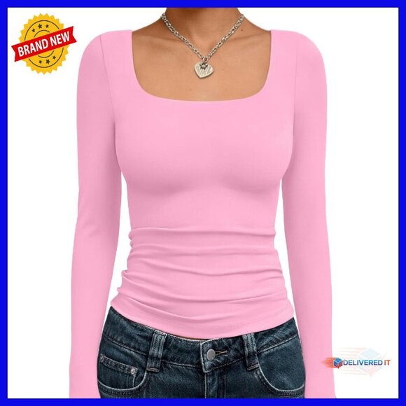 Tops - Long Sleeve Crop Top Y2K Square Neck Stretchy Tee Fall Fashion